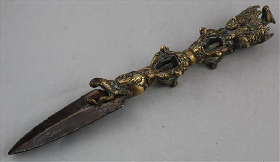 A bronze Tibetan ritual phurba dagger, 11in.